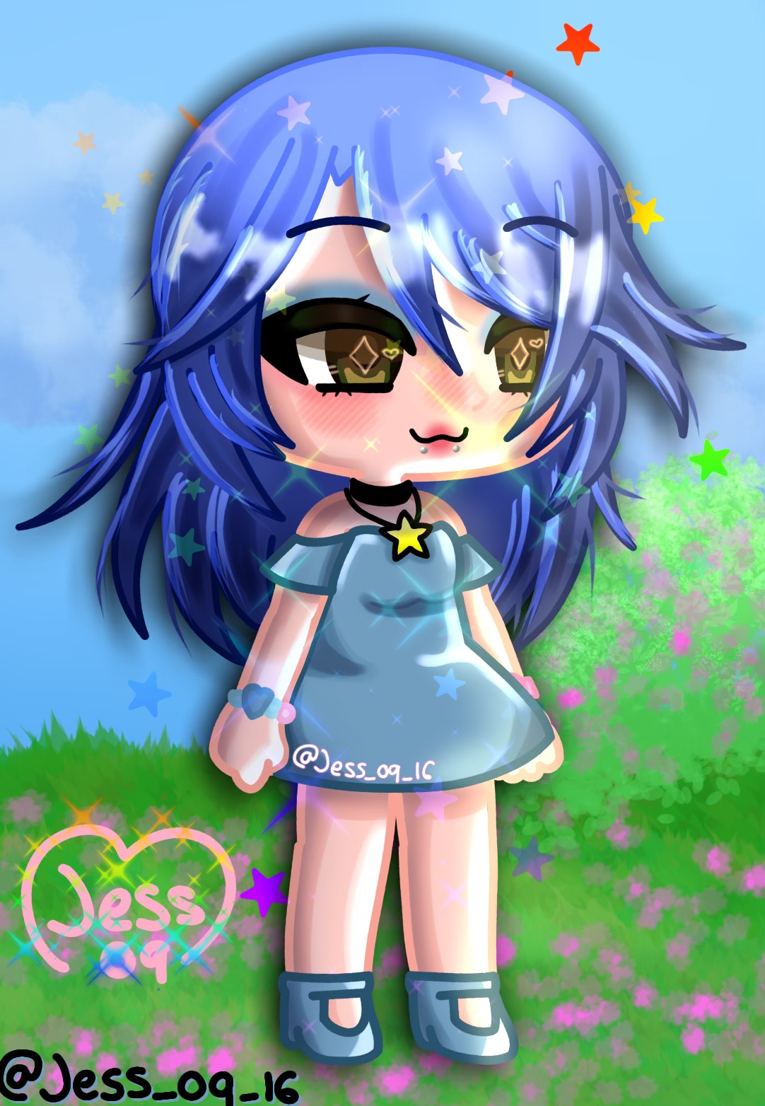 Gacha character rendering with blue hair and a grassy background