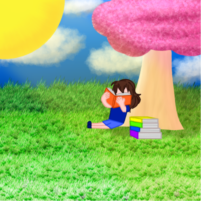 Character reading a book under a cherry blossom tree