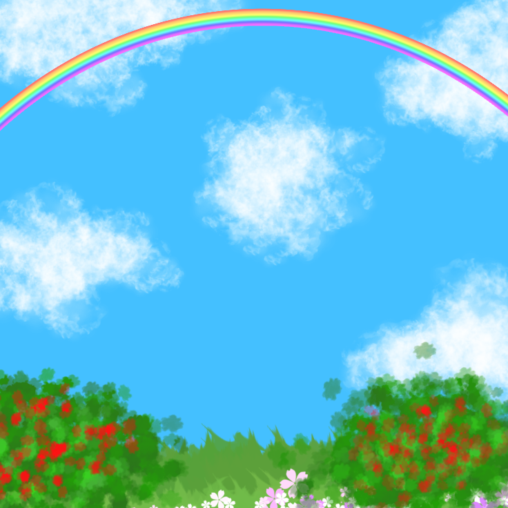 Cloudy sky with a rainbow and some rose bushes
