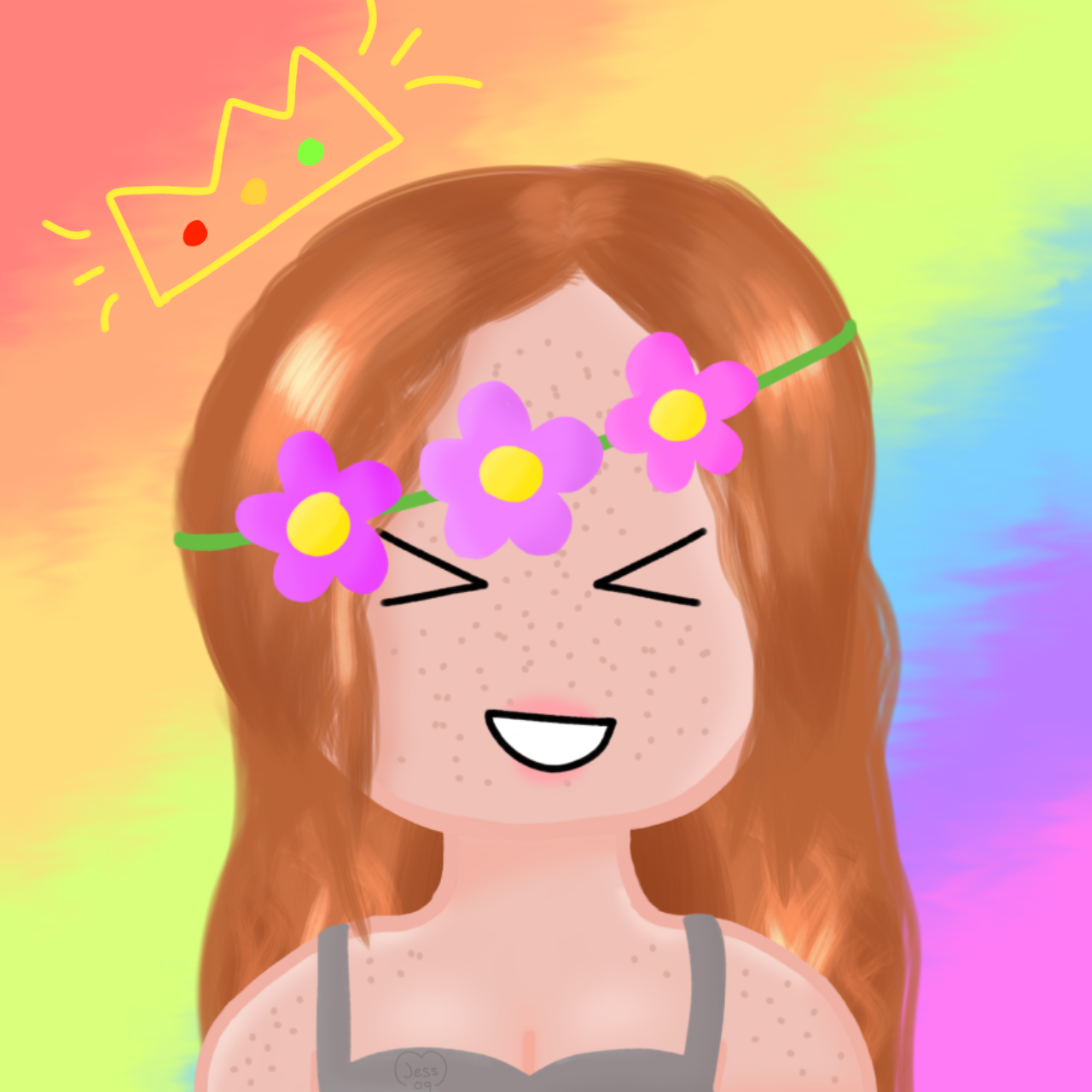 Fanart of my close friend with pride flags in the background and a crown icon above her head